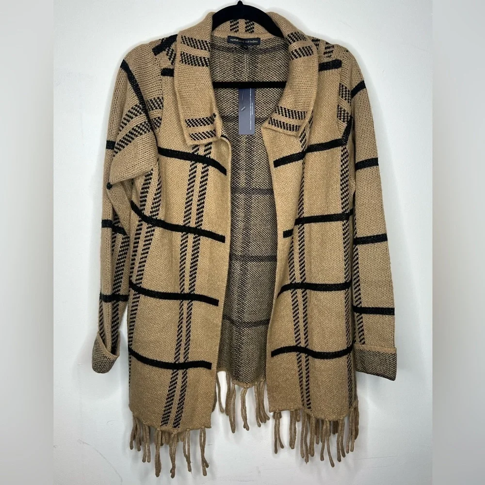 NWT Sweater Cardigan Medium Caramel Brown Adrienne Vittadini Plaid Knit Fringe - Picture 1 of 6
